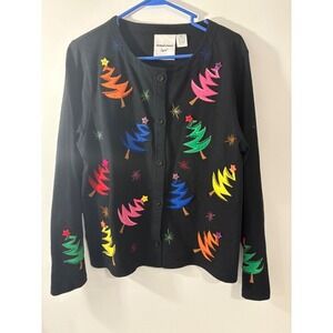 Michael Simon‎ Light Holiday Cardigan Embroidered Festive Button Front Black